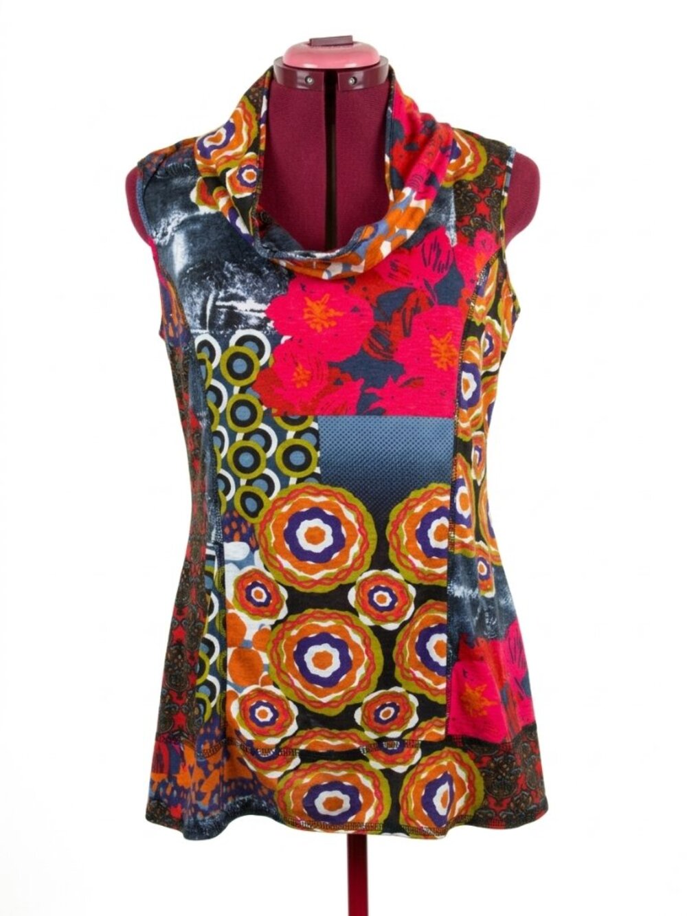 SAN FRANCISCO - Vibrant Multicolor Mixed Print Cowl Neck Top Tunic - Large